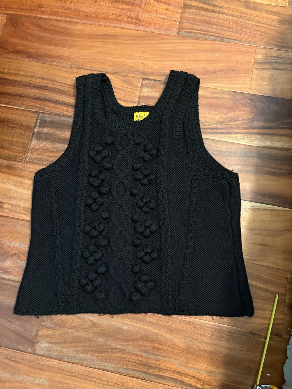 Anthropologie Care Me Purr Cable Knit Sweater Tank Black Pom Wool Vest M (0338)